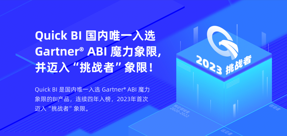 Quick BI連續(xù)4年且國內(nèi)唯一入選Gartner ABI魔力象限，并成功躍升至挑戰(zhàn)者象限