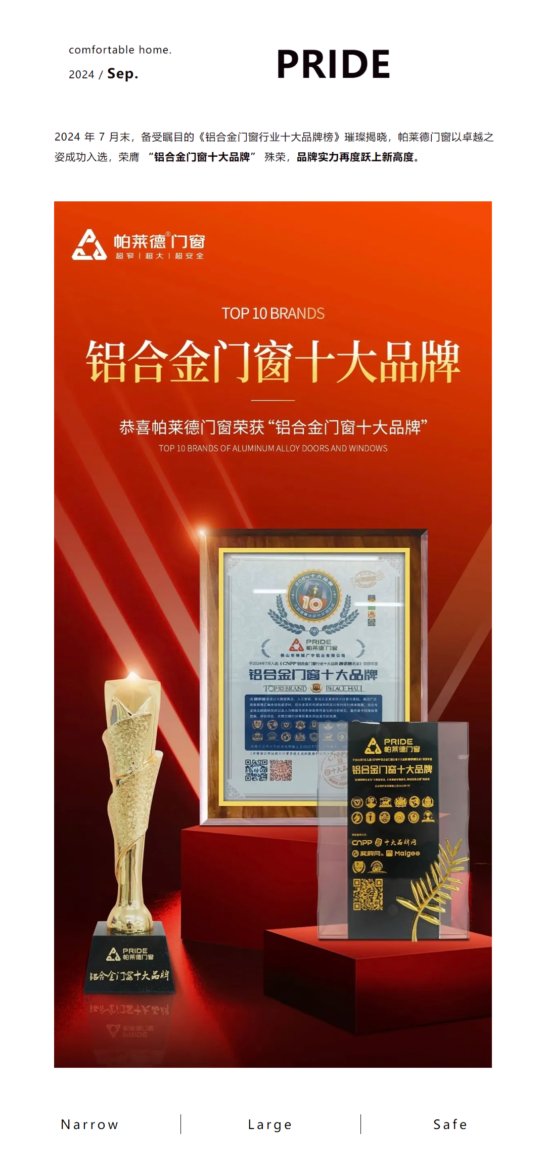 帕萊德門窗榮膺“鋁合金門窗十大品牌”，品牌實力再攀新高！